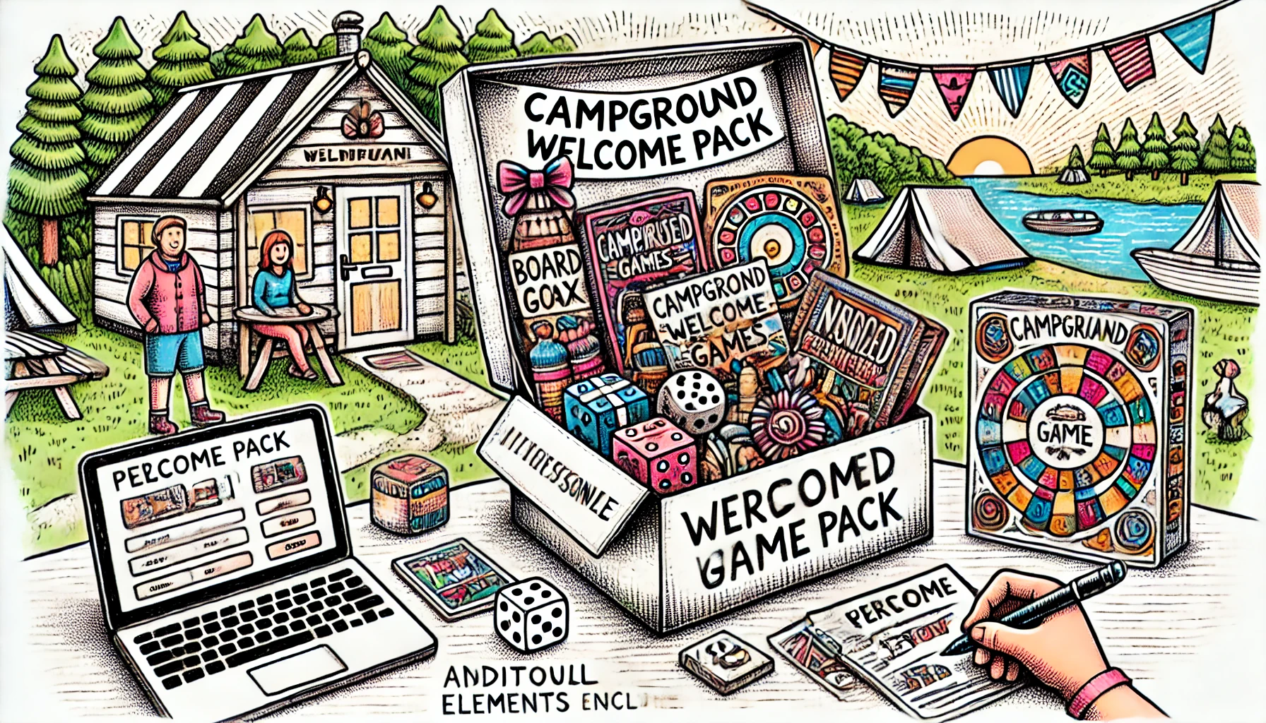 DALL·E 2025-01-12 13.21.51 – A hand-drawn doodle-style illustration of a campground welcome pack featuring a variety of personalized board, card, and dice games. The scene shows a