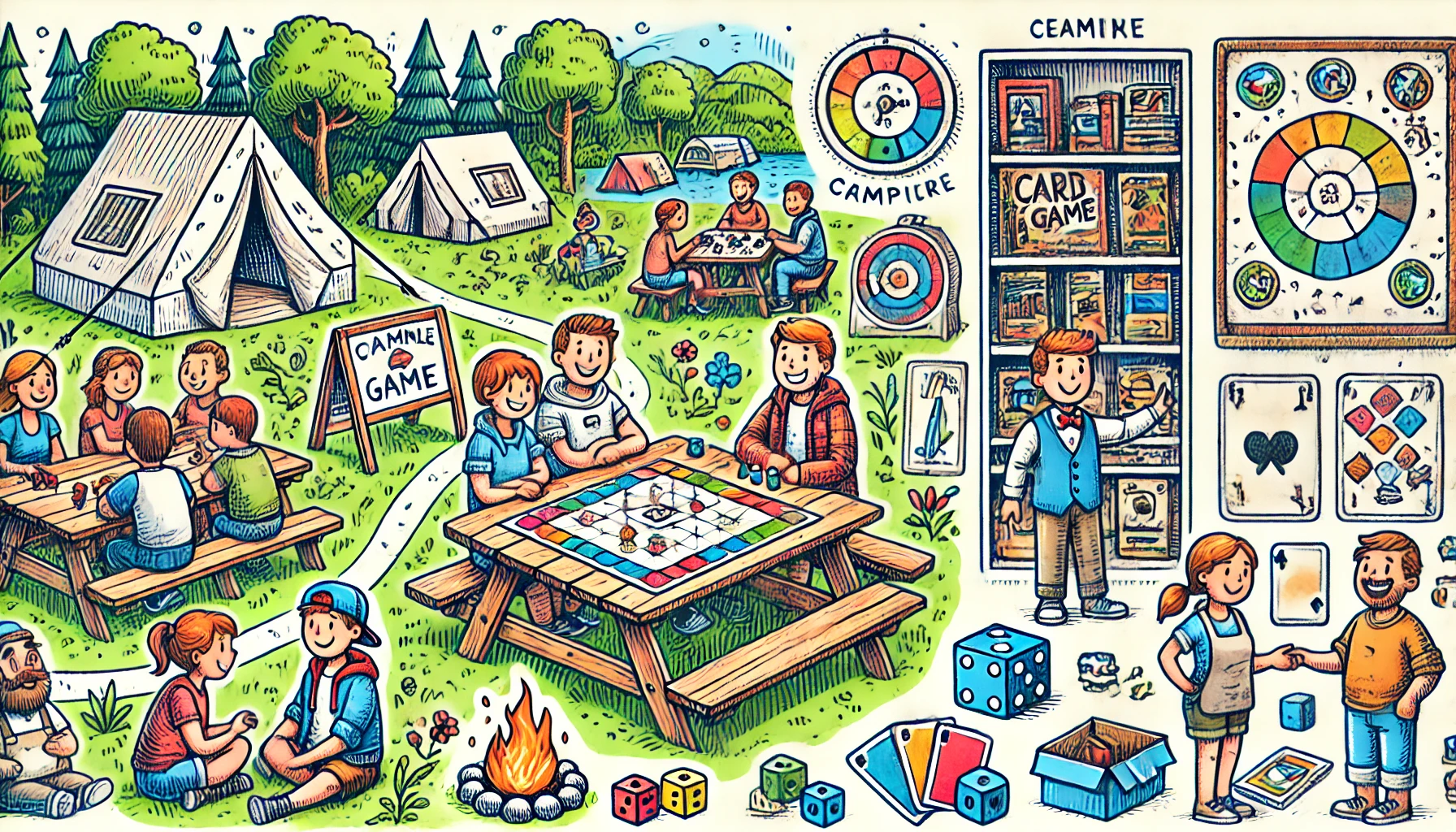 DALL·E 2025-01-12 13.21.55 – A hand-drawn doodle-style illustration of a cozy campground setting highlighting the use of board, card, and dice games. The scene includes cheerful c