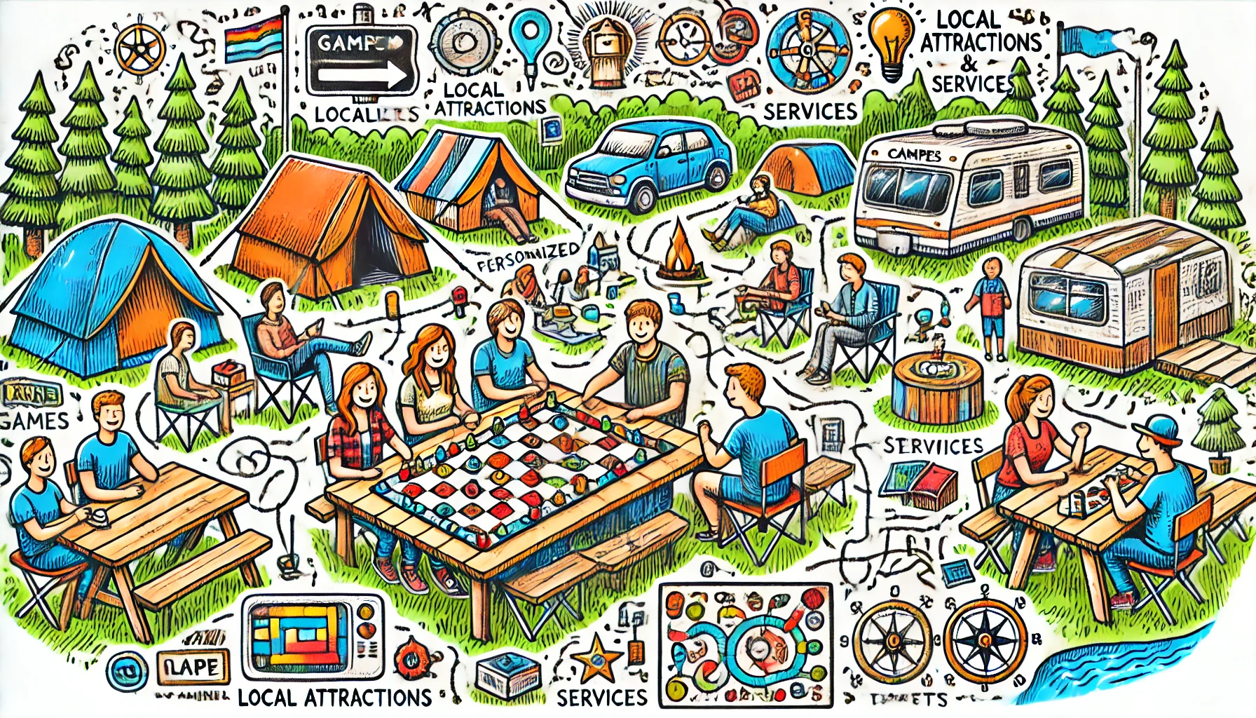 DALL·E 2025-01-12 13.21.58 – A hand-drawn doodle-style illustration of a campground setting where guests are enjoying personalized board and card games. The scene includes cheerfu