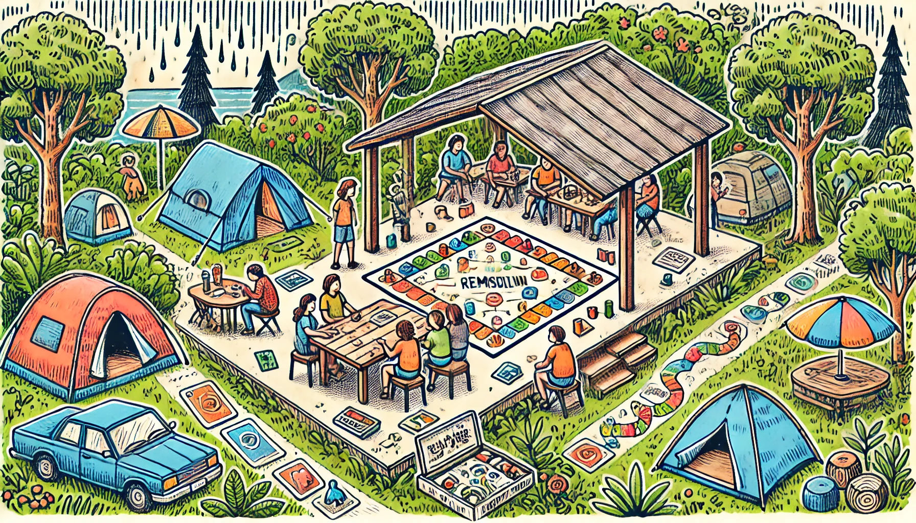 DALL·E 2025-01-12 13.22.05 – A hand-drawn doodle-style illustration of a cozy campground setting with guests playing personalized board and card games under a sheltered pavilion.