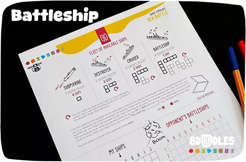 Logic and puzzle game sheet BATTLESHIP OR SEA BATTLE by 8doodles