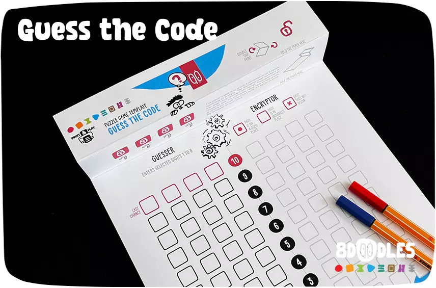 Logic and puzzle game sheet GUESS THE CODE by 8doodles